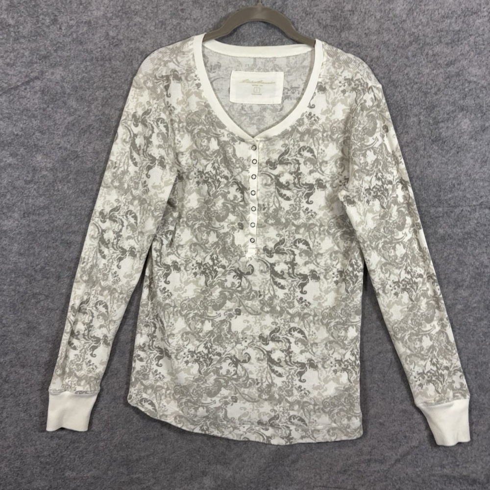 Eddie Bauer Waffle Knit Henley Womens Sz L Tan Cream Floral Paisley Thermal